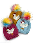 Glacier Mustard or Raspberry Chicken Hat Beanie Wool Blend Womens Adult Hat Faux Fur Snap On Pom