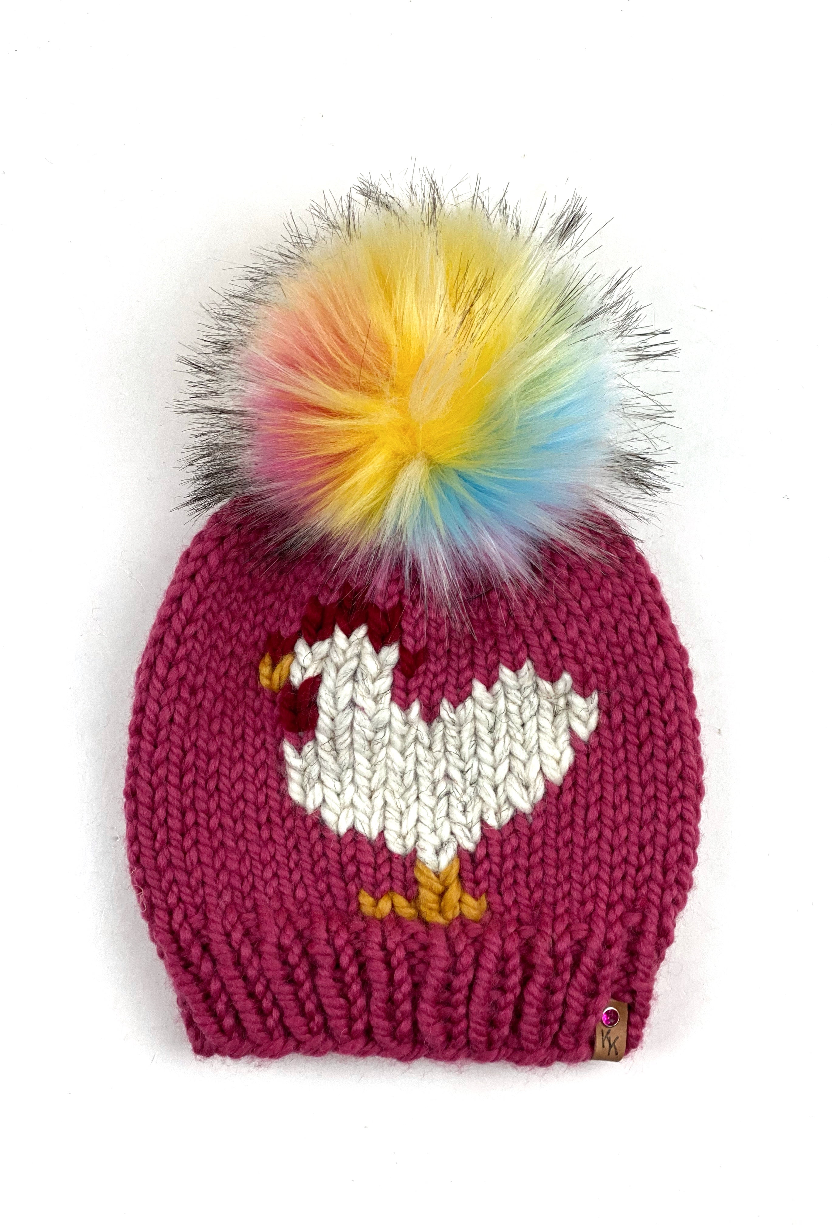 Glacier Mustard or Raspberry Chicken Hat Beanie Wool Blend Womens Adult Hat Faux Fur Pom