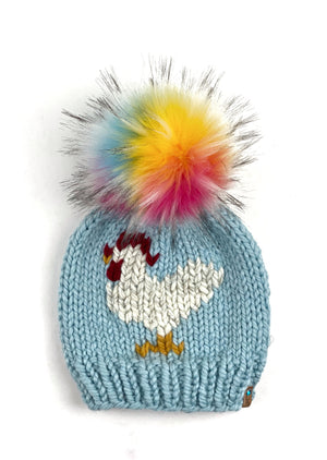 Glacier Mustard or Raspberry Chicken Hat Beanie Wool Blend Womens Adult Hat Faux Fur Pom