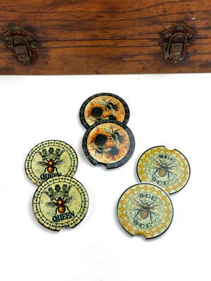 Vintage Look Queen Honey Bee Car Coasters Ceramic Stone Sublimation Set of 2
