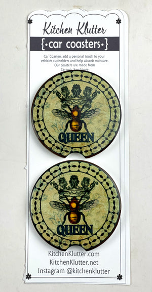 Vintage Look Queen Honey Bee Car Coasters Ceramic Stone Sublimation Set of 2