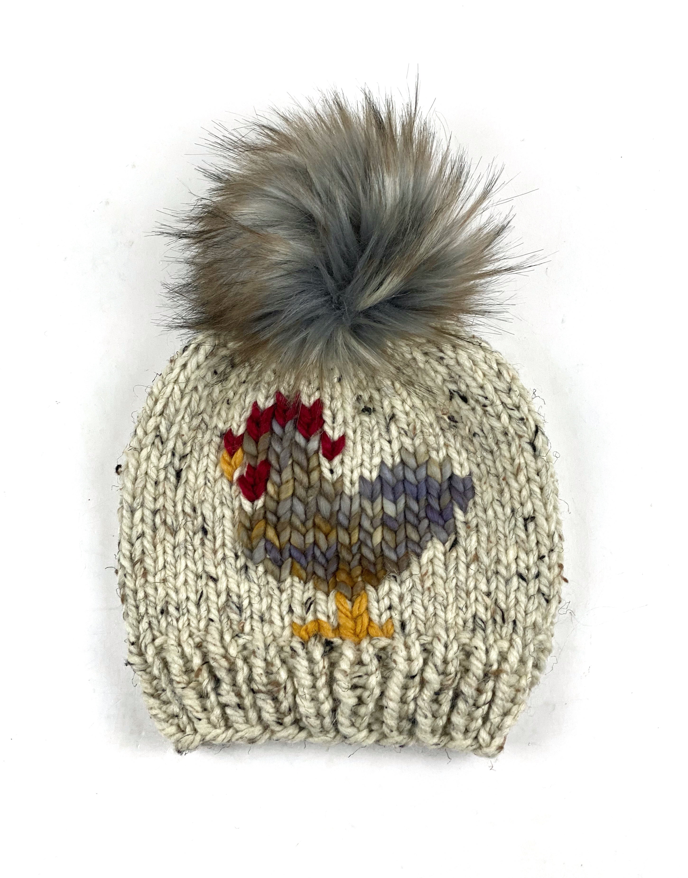 Rasta Knit Chicken Hat Oatmeal Beanie Wool Blend Womens Adult Hat Faux Fur Pom Pom Hat