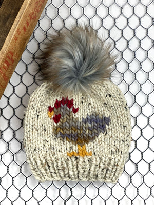 Rasta Knit Chicken Hat Oatmeal Beanie Wool Blend Womens Adult Hat Faux Fur Pom Pom Hat