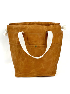 Solid Color Waxed Canvas Project Bag Knit or Crochet Drawstring Tote Strap Flat Bottom