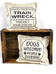 Dog or Train Wreck Natural Duck Canvas Pillow Funny Saying Novelty Decorative Home Decor Pillow