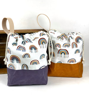 Boho Rainbow Macrame Waxed Canvas Project Bag, Canvas Project Bag, Project Bag for Knitters, Knitting Bag