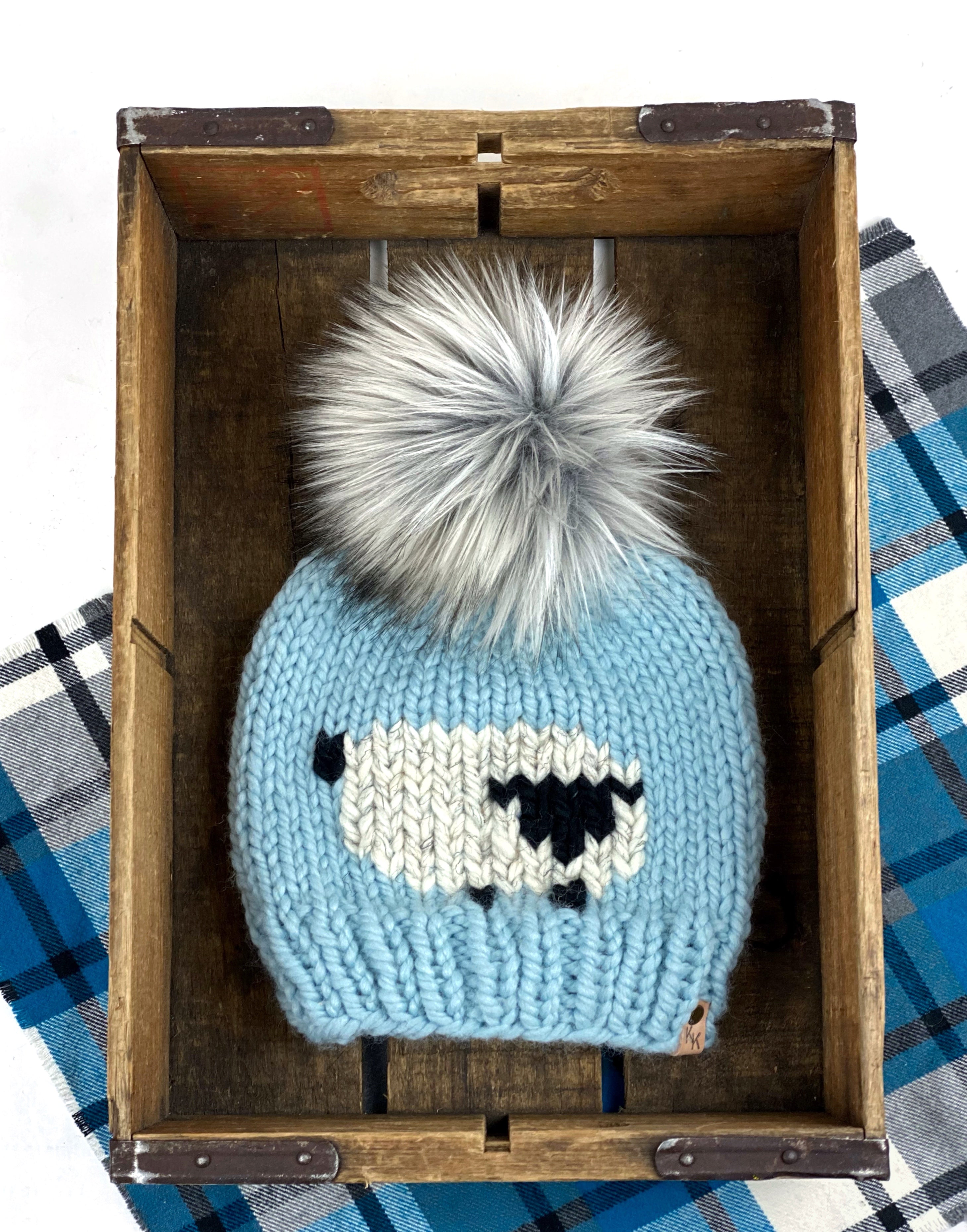 Glacier Blue Knit Sheep Beanie Wool Blend Womens Adult Hat Faux Fur Pom Pom Hat