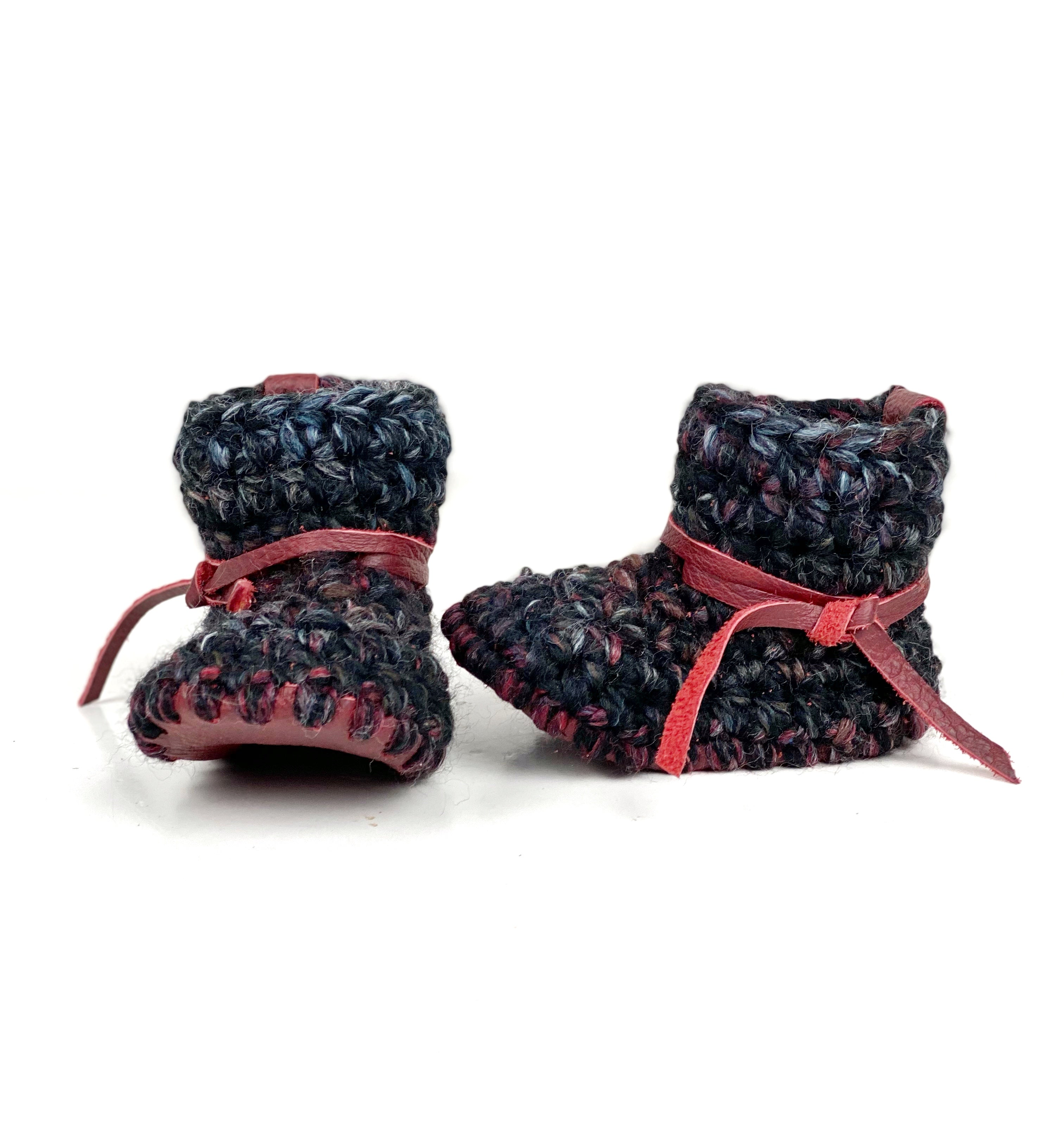 Blackstone Padraig Crocheted Burgundy Leather Sole Baby Booties Handmade Crochet