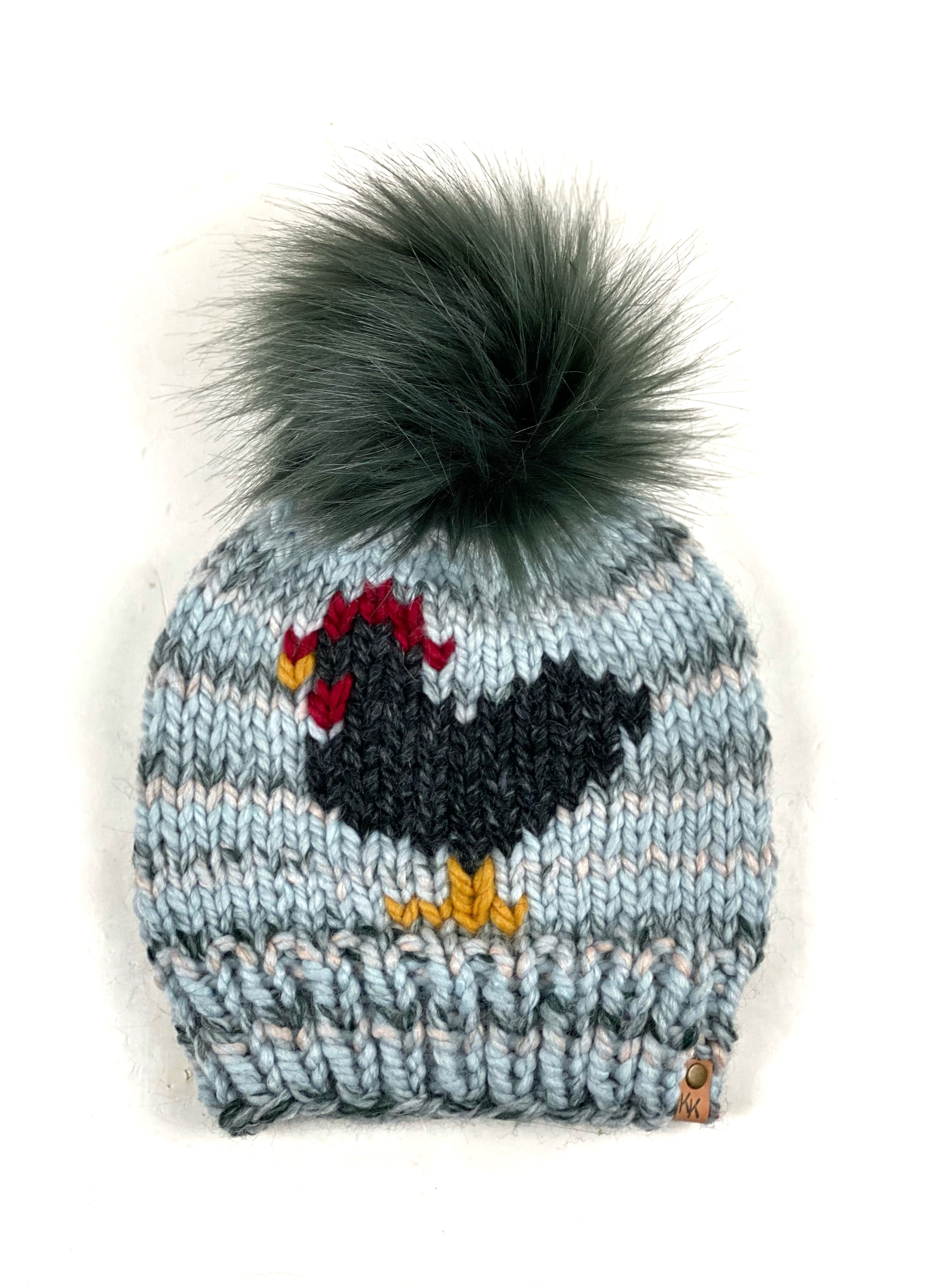 Chicken Hat in Arctic Ice Beanie Wool Blend Womens Adult Hat Faux Fur Pom RTS