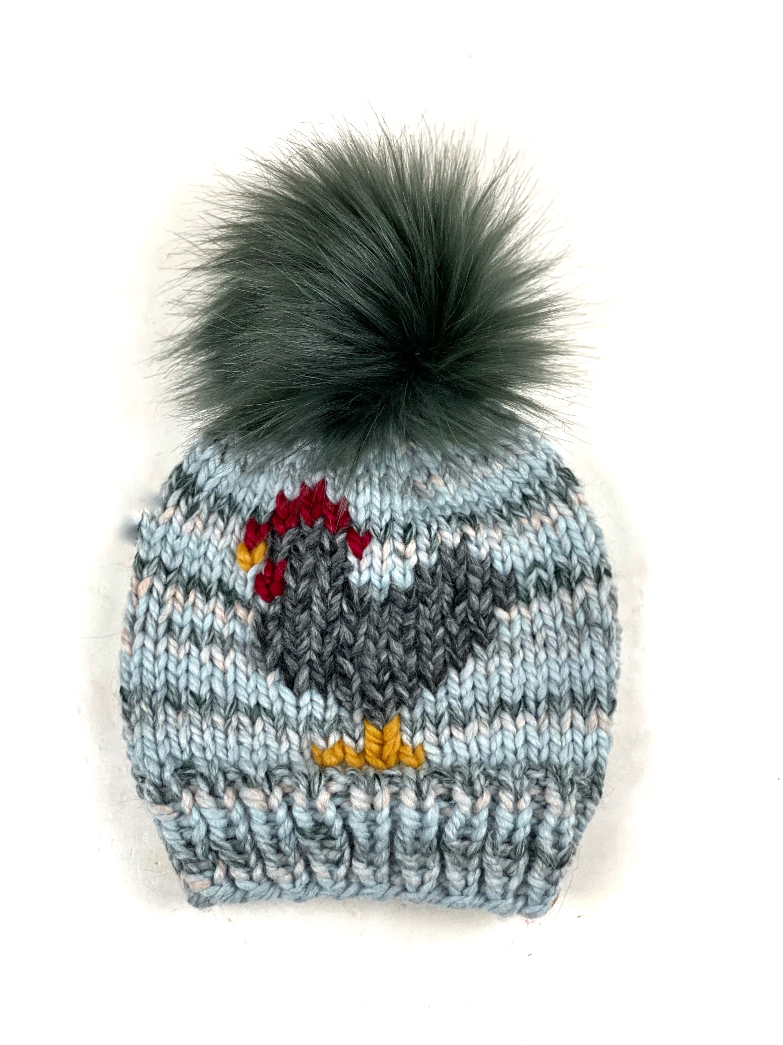 Chicken Hat in Arctic Ice Beanie Wool Blend Womens Adult Hat Faux Fur Pom RTS