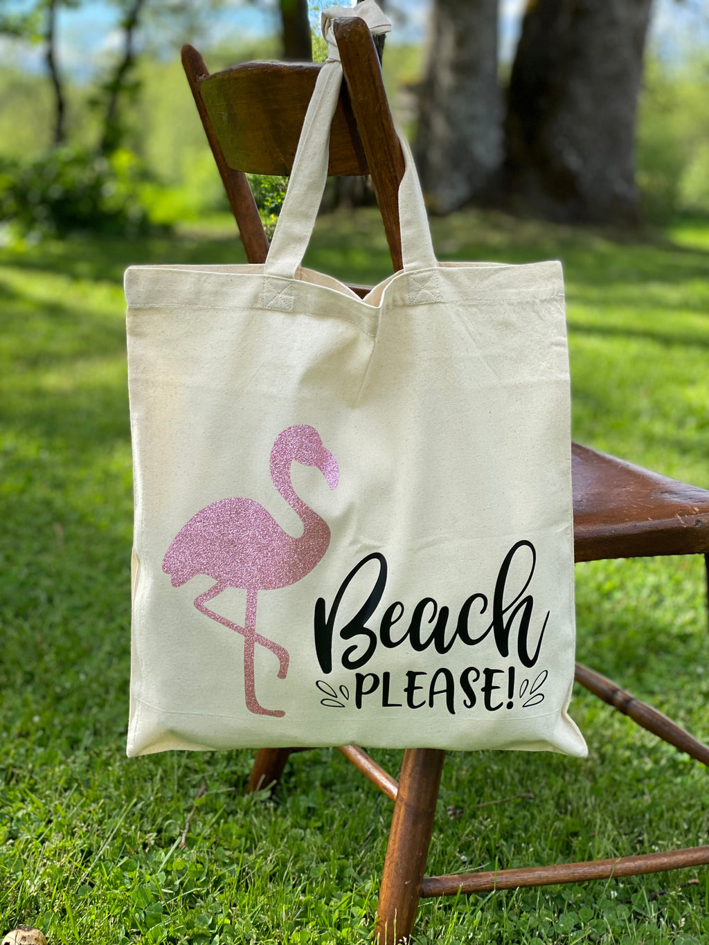 Flamingo Beach Please! Cotton Tote Bag, Lightweight Thin Natural Cotton Tote Bag, Reusable Tote Bag, Vinyl Flamingo Tote, Farmers Market Bag