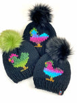 Black and Multi Colored Chicken Beanie Wool Blend Womens Adult Hat Faux Fur Pom Pom Hat