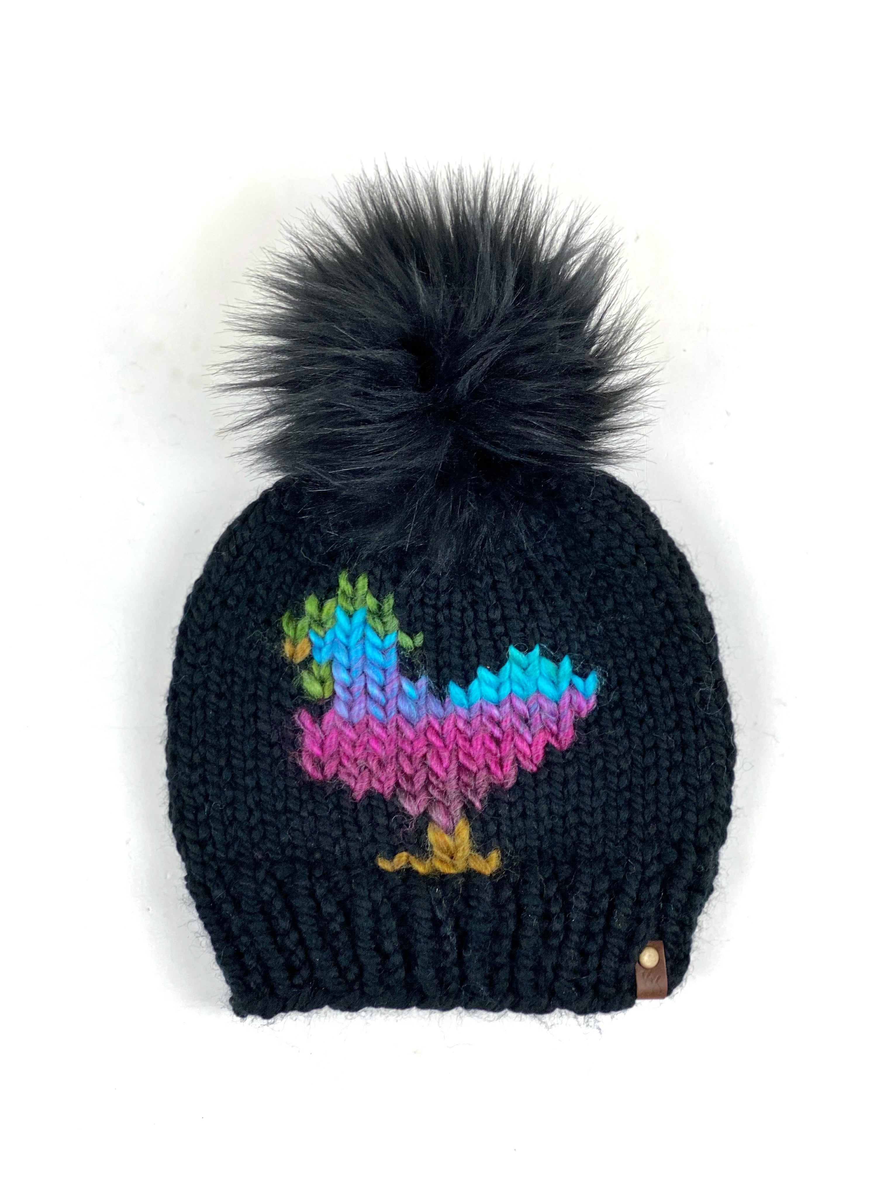 Black and Multi Colored Chicken Beanie Wool Blend Womens Adult Hat Faux Fur Pom Pom Hat