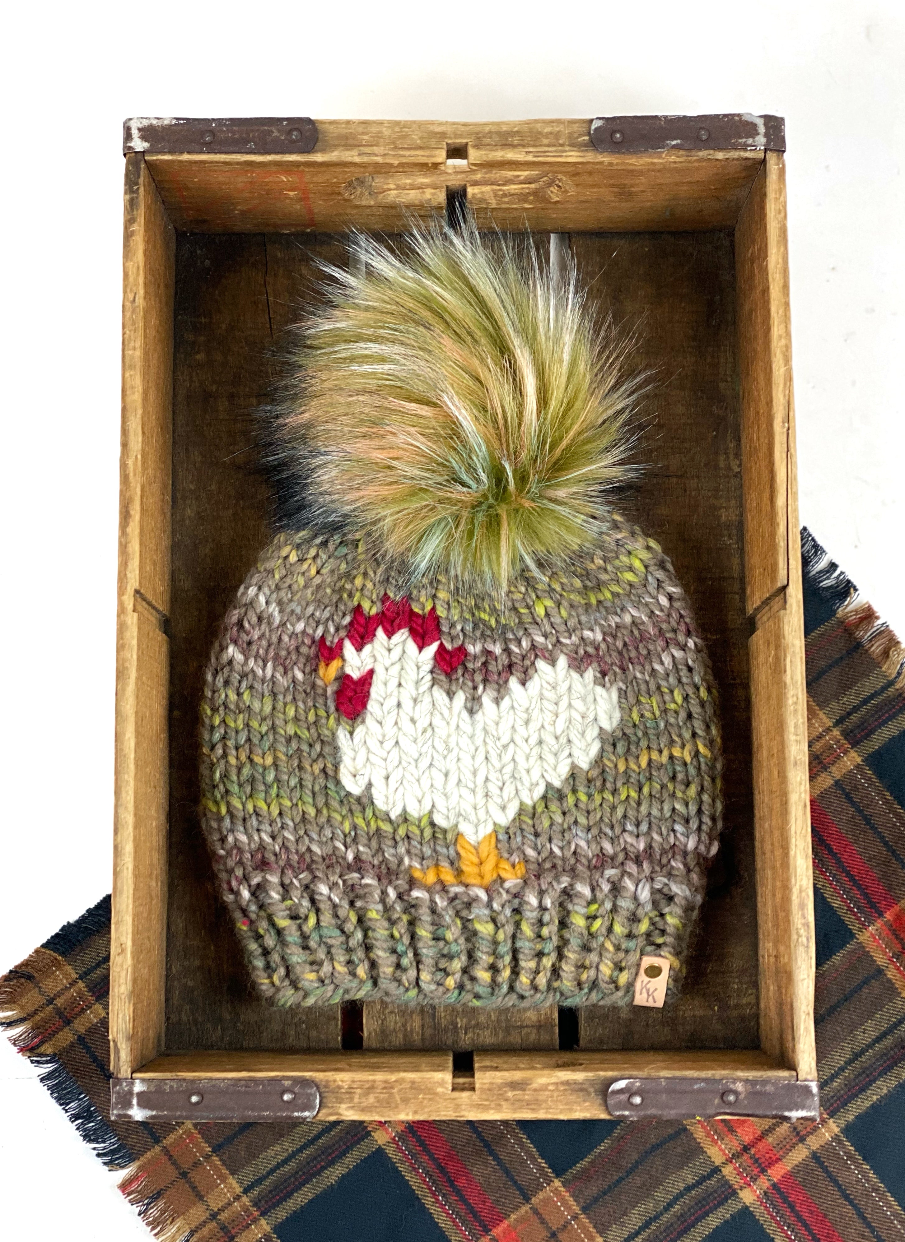 Knit Urban Camo Chicken Beanie Wool Blend Womens Adult Hat Faux Fur Pom Pom Hat