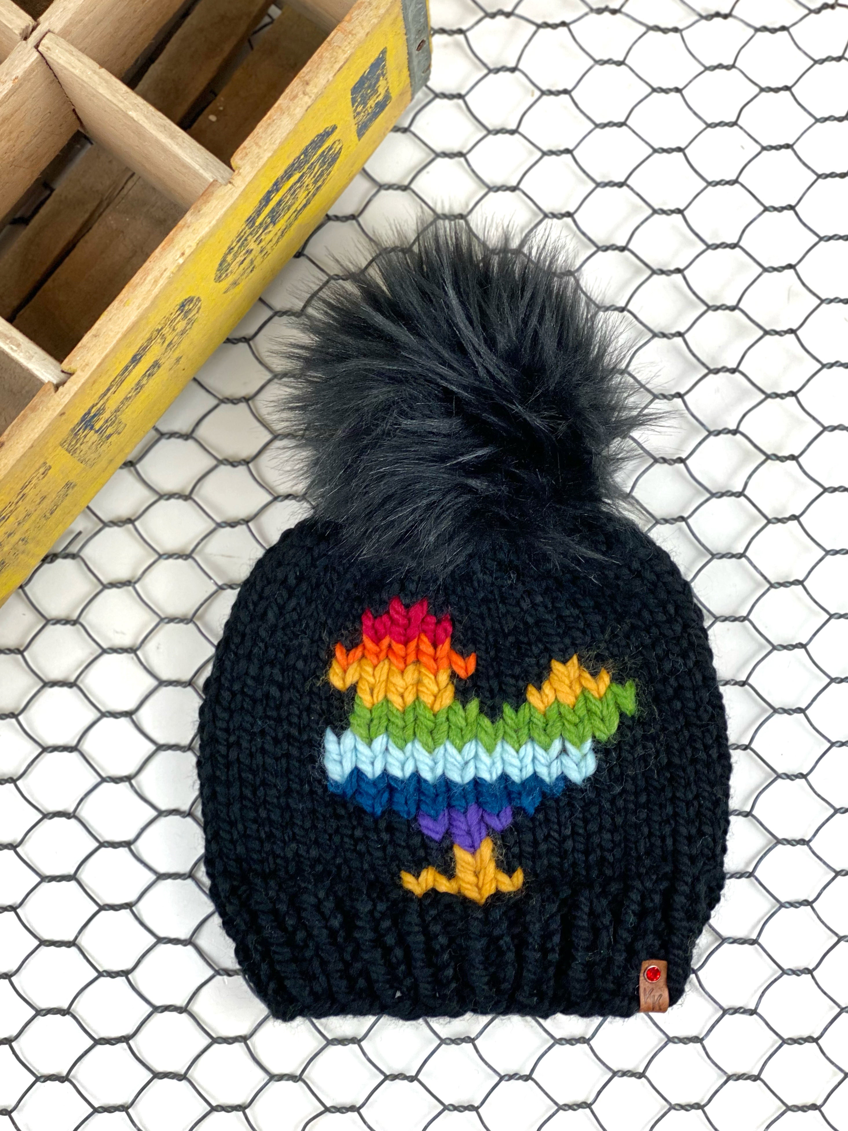 Rainbow Black Chicken Beanie Wool Blend Womens Adult Hat Faux Fur Pom Pom Hat
