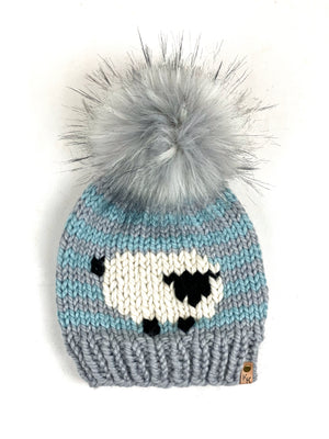 Striped Chicken or Sheep Beanie Wool Blend Womens Adult Hat Faux Fur Pom Pom Hat