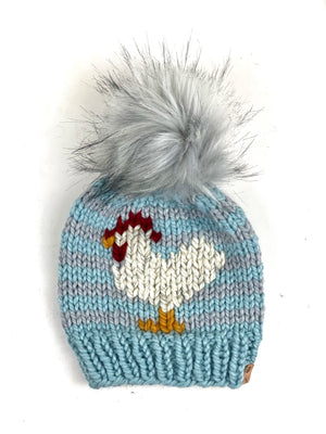 Striped Chicken or Sheep Beanie Wool Blend Womens Adult Hat Faux Fur Pom Pom Hat