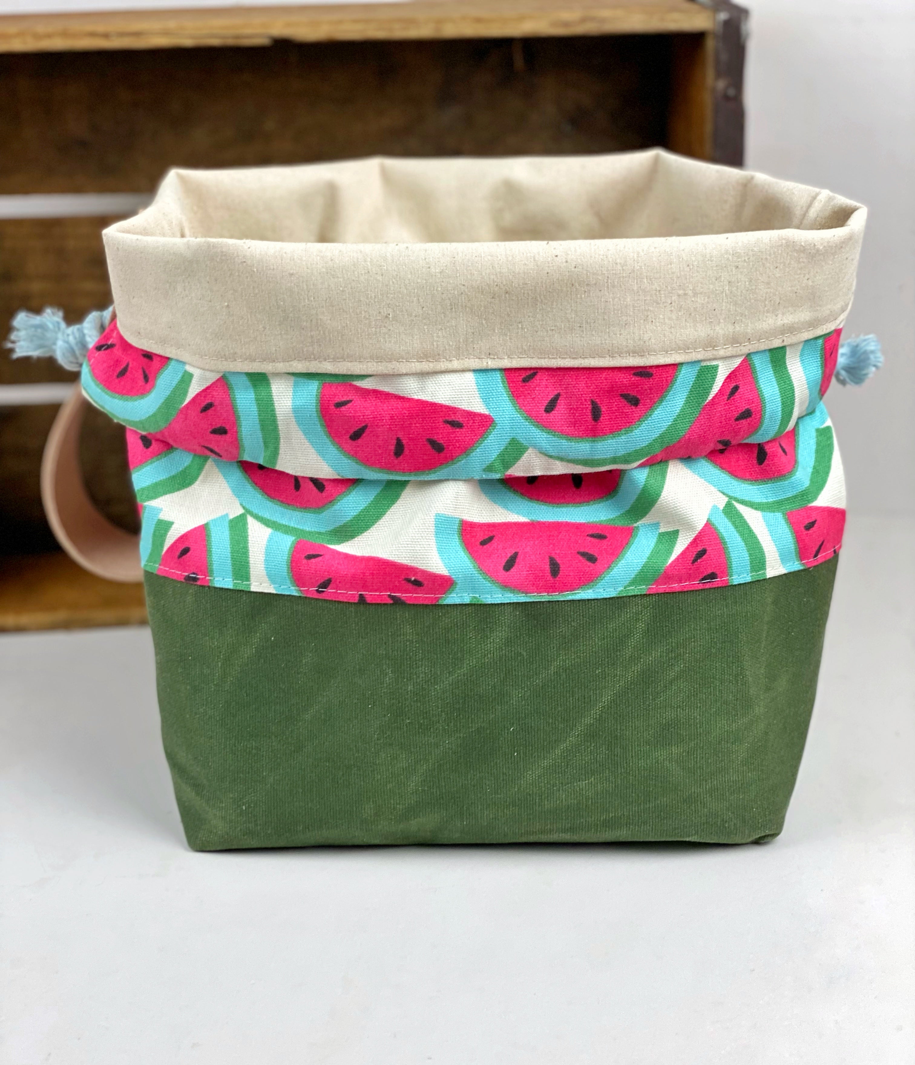 Watermelon on Waxed Canvas Project Bag, Project Bag for Knitters, Knitting Bag, Black Floral Bag