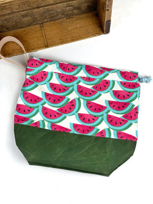 Watermelon on Waxed Canvas Project Bag, Project Bag for Knitters, Knitting Bag, Black Floral Bag