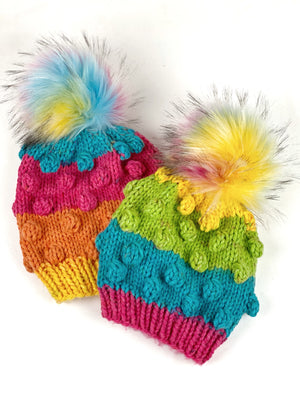 Rainbow Bobble Beanie Womens Hand Knit Hat Acrylic Faux Fur Pom Ready to Ship