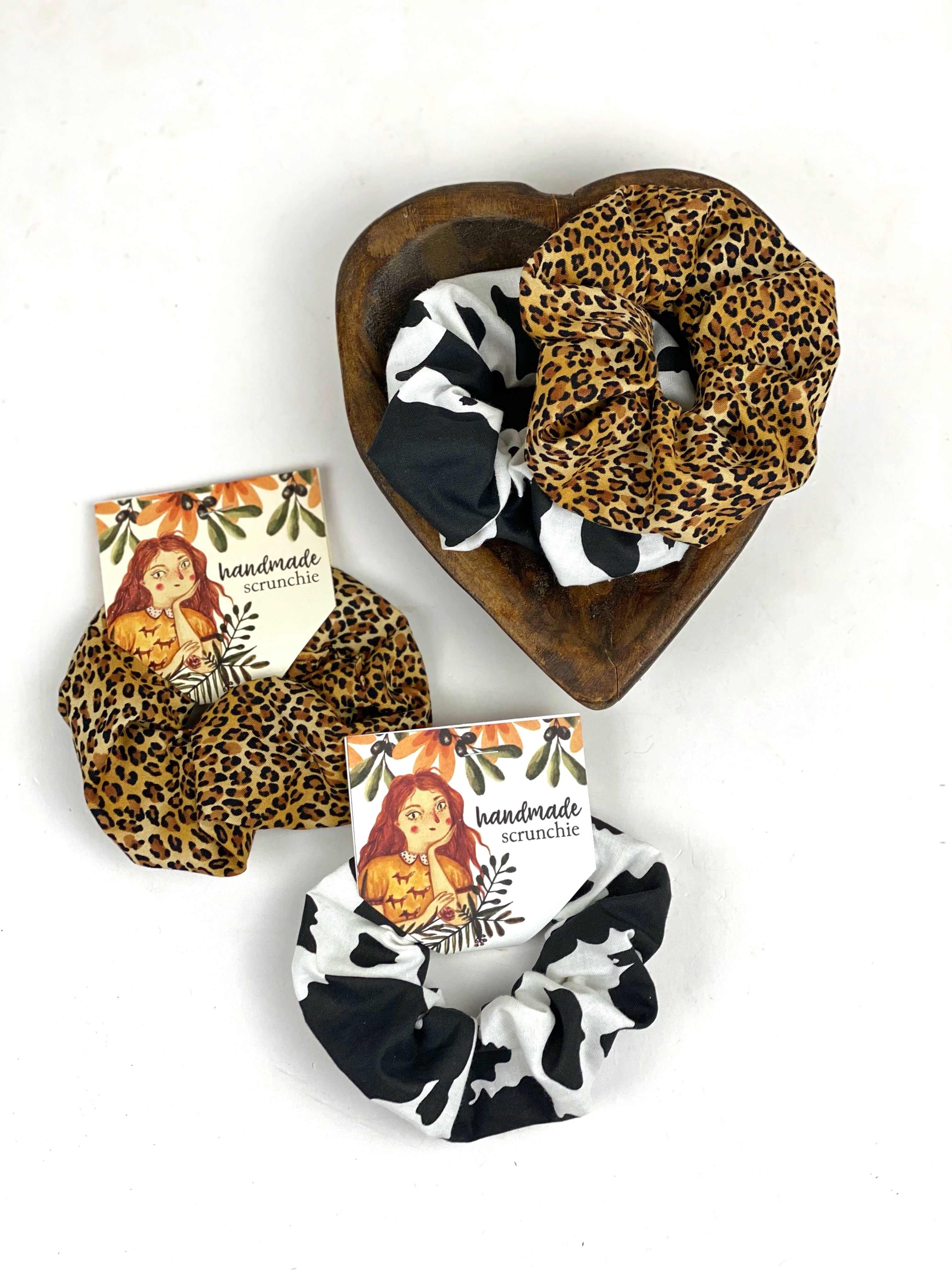 Leopard Print Fabric Hair Scrunchie 100% Cotton, Animal Print Fabric Scrunchies, Ponytail Holder, Handmade Scrunchie
