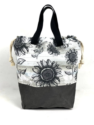 Monochrome Sunflowers Project Bag, Project Bag for Knitters, Knitting Bag, Charcoal or Black Waxed Canvas Bag