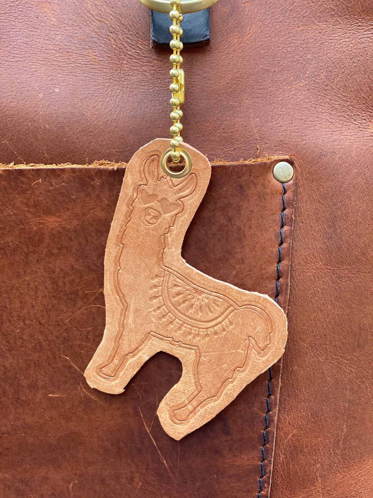 Embossed Leather Die Cut Llama Alpaca Charm Purse Bag Backpack Vegetable Tanned Ball Chain Keyring Key Fob