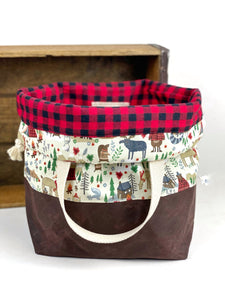 Wilderness Forest Buffalo Plaid and Brown Waxed Canvas Knit Crochet Leather Drawstring Tote Project Flat Bottom Bag