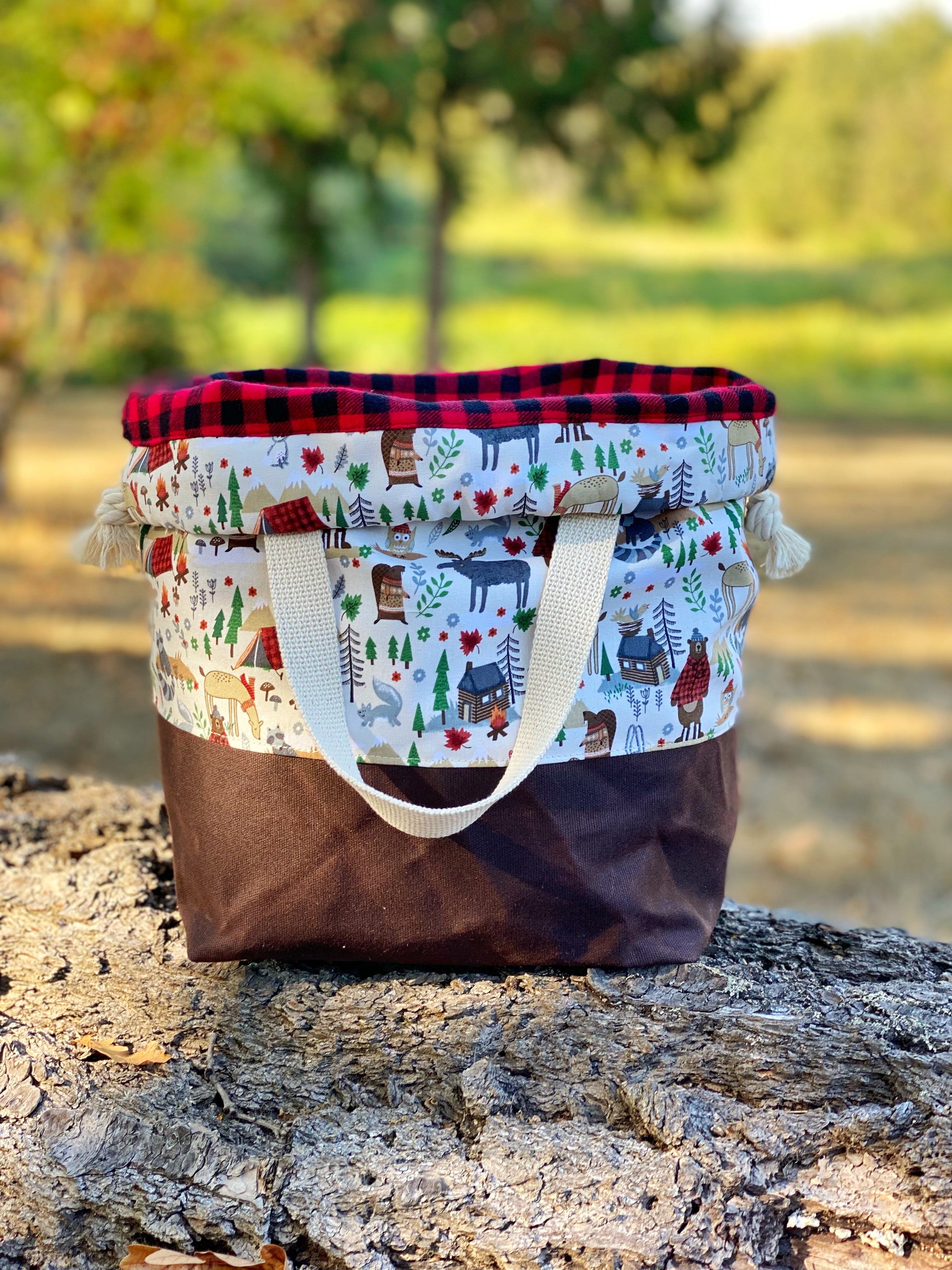 Wilderness Forest Buffalo Plaid and Brown Waxed Canvas Knit Crochet Leather Drawstring Tote Project Flat Bottom Bag