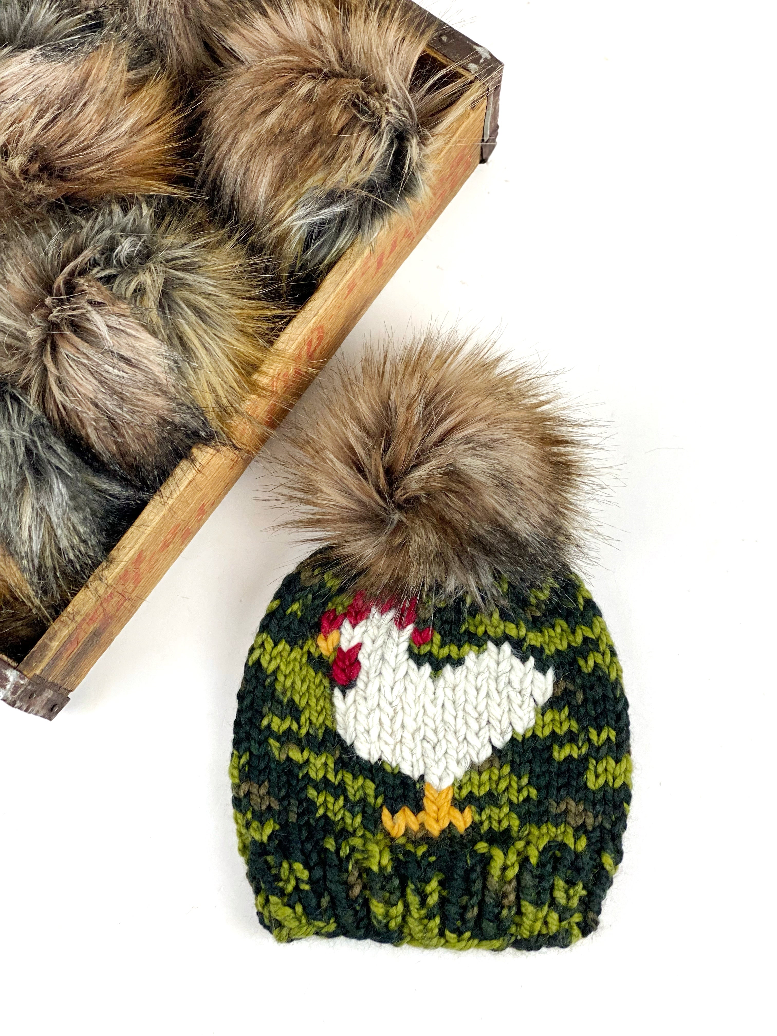 Knit Camo Chicken Beanie Wool Blend Womens Adult Hat Faux Fur Pom Pom Hat