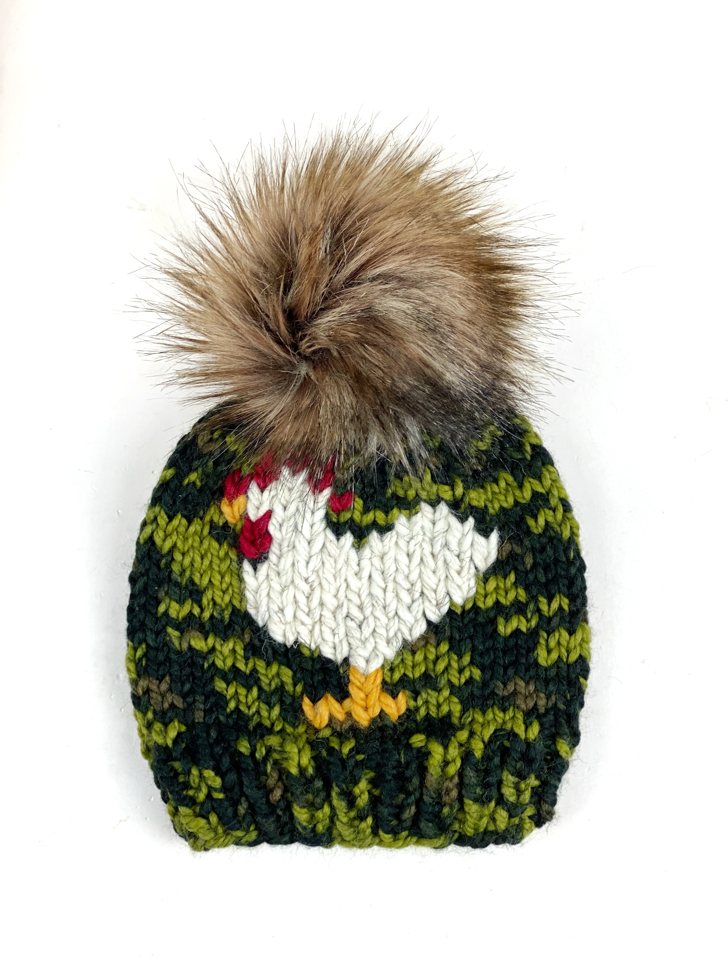 Knit Camo Chicken Beanie Wool Blend Womens Adult Hat Faux Fur Pom Pom Hat