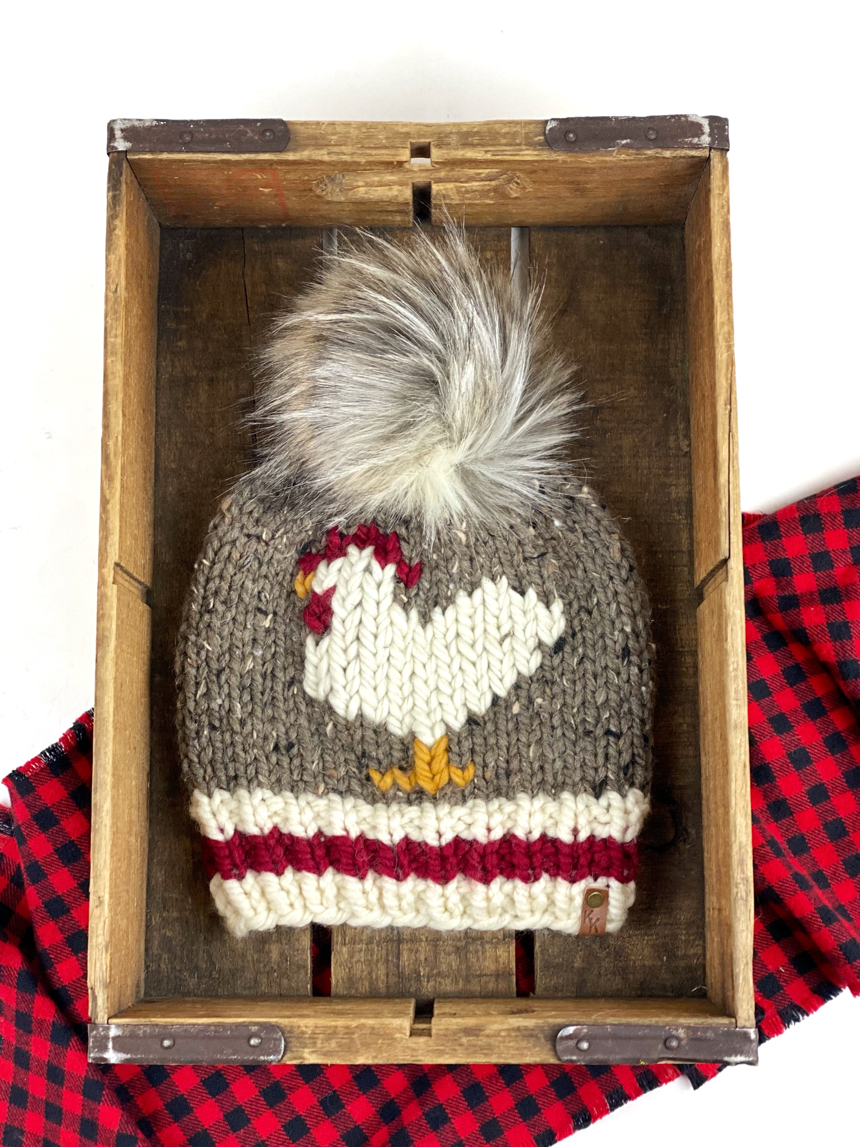 Sock Monkey Themed Chicken Beanie Wool Blend Womens Adult Hat Faux Fur Pom Pom Hat