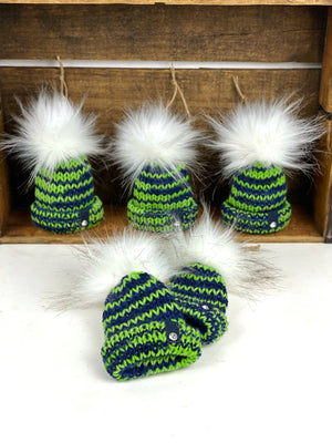 Seattle Blue and Green Mini Knit Hat Purse Charm, Folded Brim Tiny Hat Ornaments, Seahawks Inspired Miniature Beanie Christmas Decor