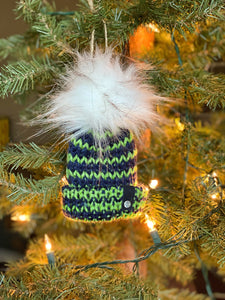 Seattle Blue and Green Mini Knit Hat Purse Charm, Folded Brim Tiny Hat Ornaments, Seahawks Inspired Miniature Beanie Christmas Decor