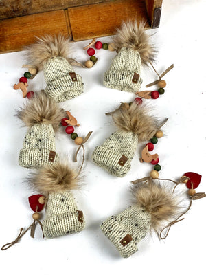 Mini Knit Hat and Leather Chicken Mantle Ornament Garland, Farmhouse Garland, Tiny Hat Ornaments, Miniature Beanie Christmas Garland Decor