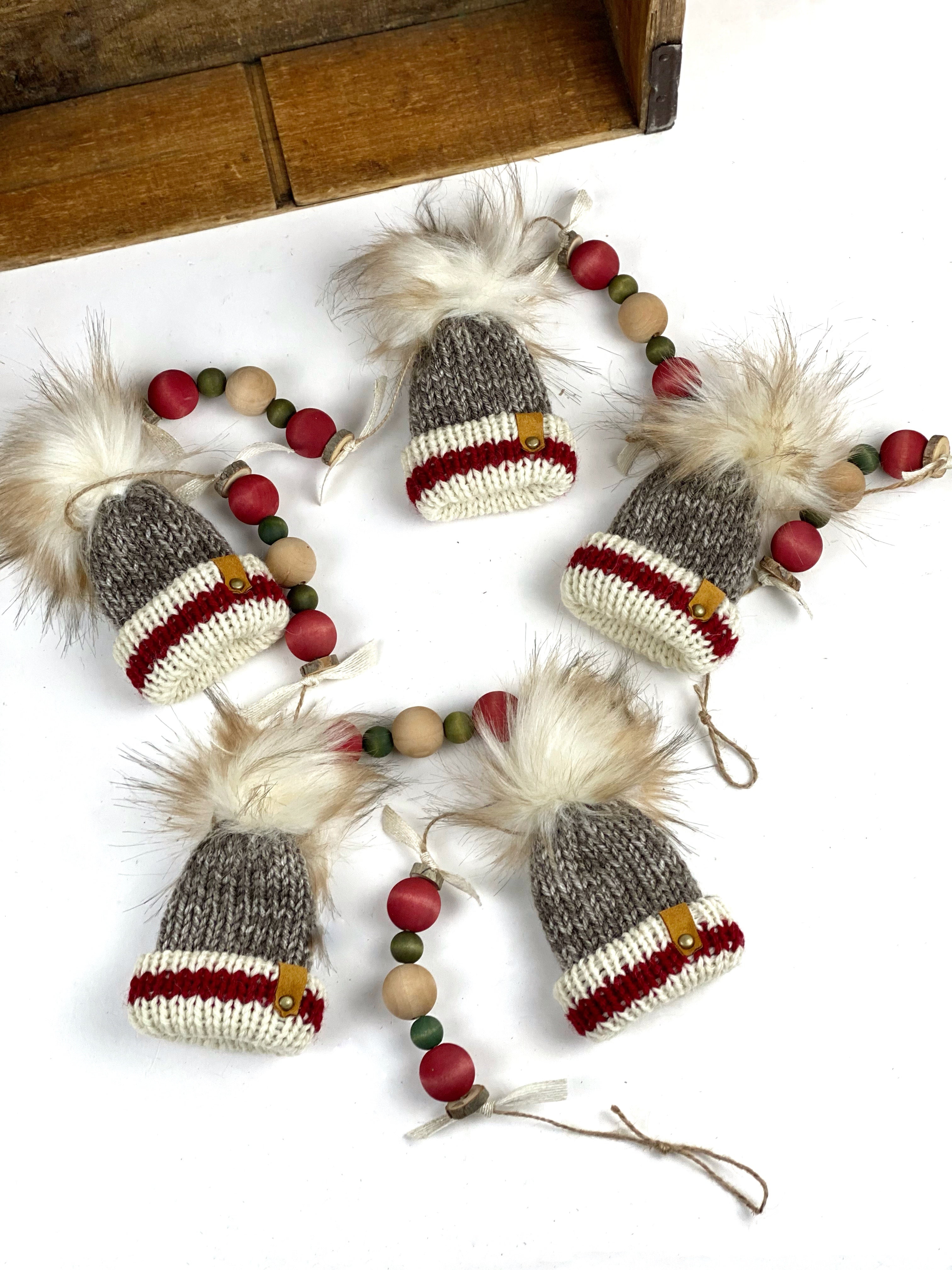 Work Sock Monkey Themed Mini Knit Hat Ornament Garland, Folded Brim Tiny Hat Ornaments, Miniature Beanie Christmas Garland Decor