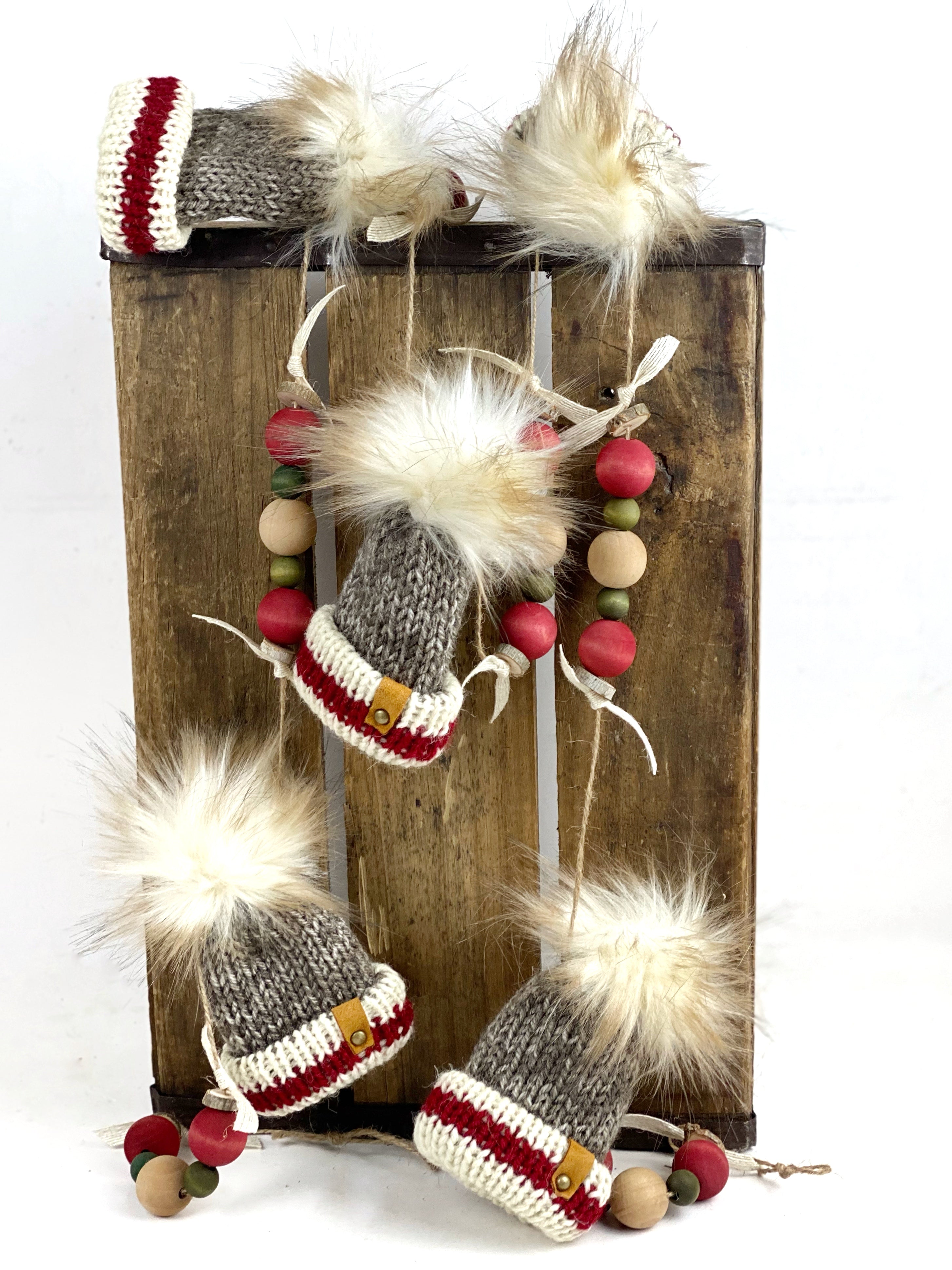 Work Sock Monkey Themed Mini Knit Hat Ornament Garland, Folded Brim Tiny Hat Ornaments, Miniature Beanie Christmas Garland Decor