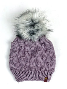 Child Size Bobble Beanie Hand Knit Hat Wool Blend Faux Fur Pom Ready to Ship