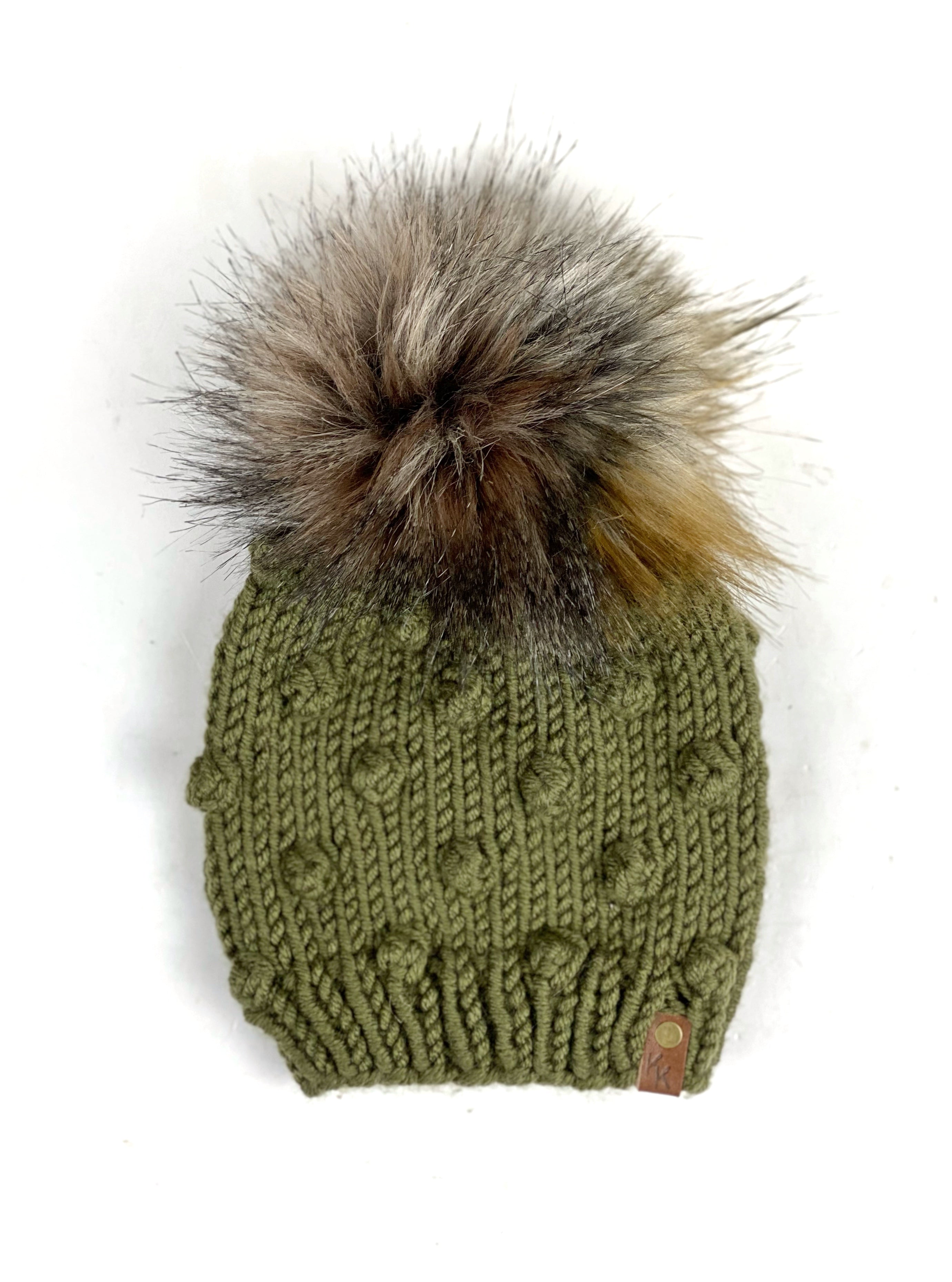 Child Size Bobble Beanie Hand Knit Hat Wool Blend Faux Fur Pom Ready to Ship