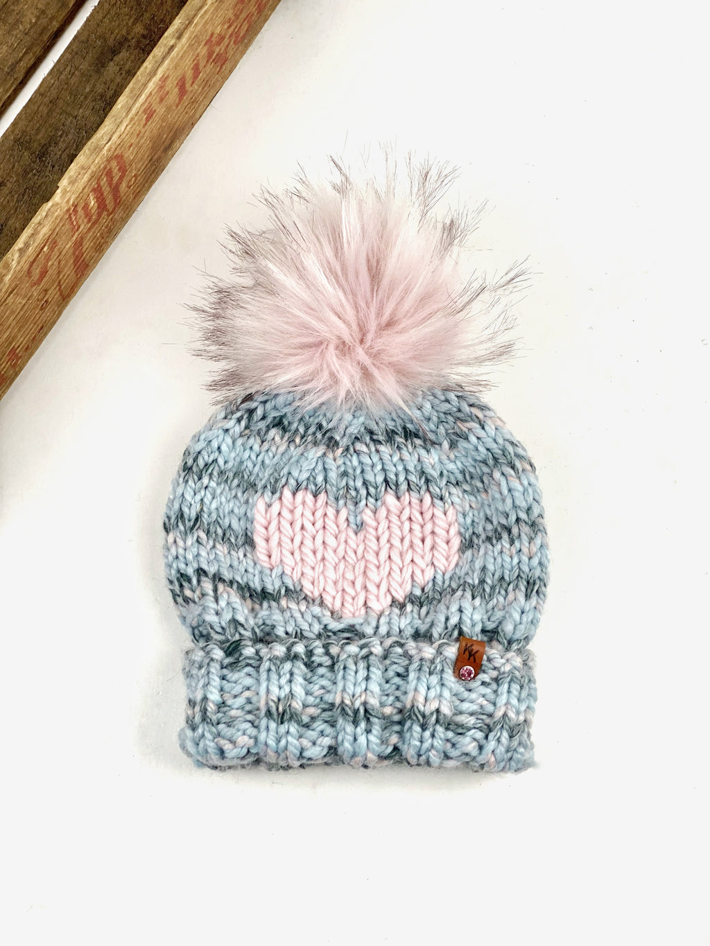 Ed's Hat Big Heart Folded Brim Beanie Adult Women's Size with Snap on Faux Fur Pom