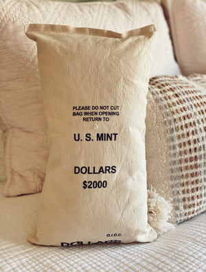 Genuine Vintage U.S. Mint Canvas Bank Coin Money Bag Pillow, Vintage Home Decor, Decorative Home Decor Pillow, Dollars Nickels Cents