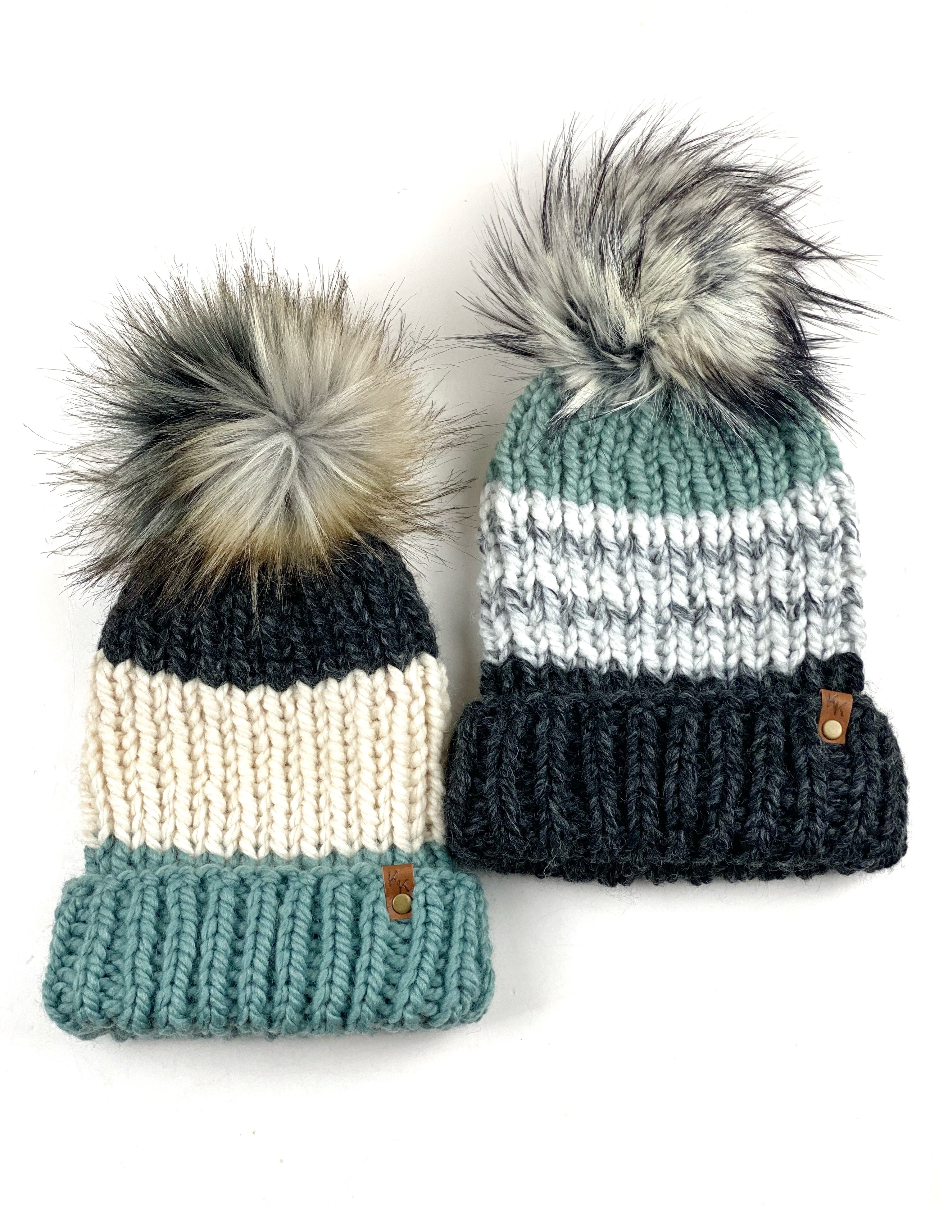 Handmade Knit Hat Faux Fur Pom Pom Womens Hat Teen Removable Fur Pom Knit  Beanie Double Knit Adjustable Brim Fold Over Brim 