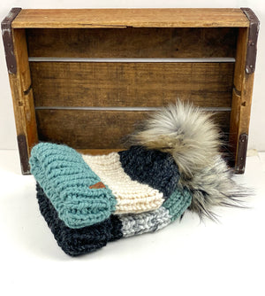 Knit Beanie, Hand Knit Beanie, Folded Brim Beanie, Womens Knit Hat, Womens Pom Pom Hat, Bulky Knit Hat, Ski Hat, Scrap Hats OOAK