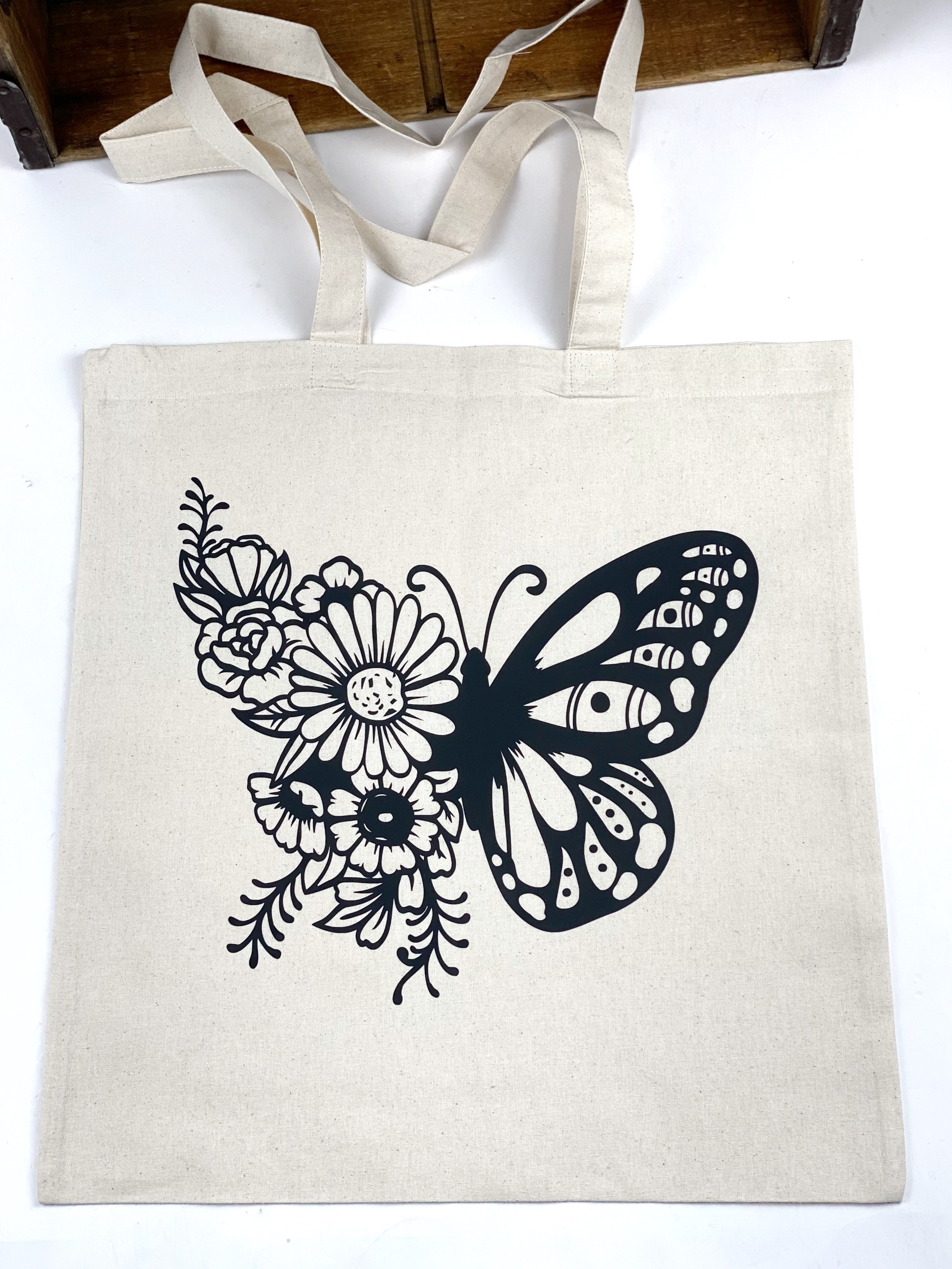 Butterfly Floral Cotton Tote Bag, Lightweight Thin Natural Cotton Tote Bag, Reusable Tote Bag, Vinyl Butterfly Tote, Farmers Market Bag
