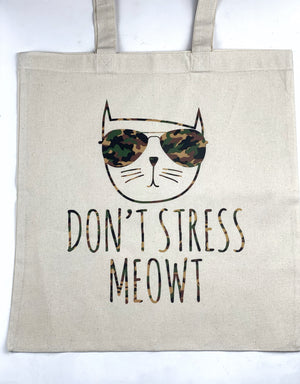 Don’t Stress Meowt Cool Cat Cotton Tote Bag, Lightweight Thin Natural Cotton Tote Bag, Reusable Tote Bag, Vinyl Cat Tote, Farmers Market Bag