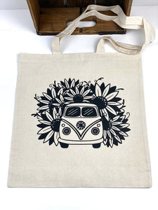 VW Van Daisy Cotton Tote Bag, Lightweight Thin Natural Cotton Tote Bag, Reusable Tote Bag, Farmers Market Bag