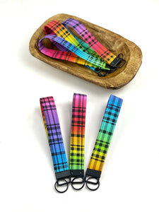 Rainbow Plaid Cotton Wristlet Key Fob, Faux Leather Wrist Key Chain Holder, Cute Wristlet Keychain