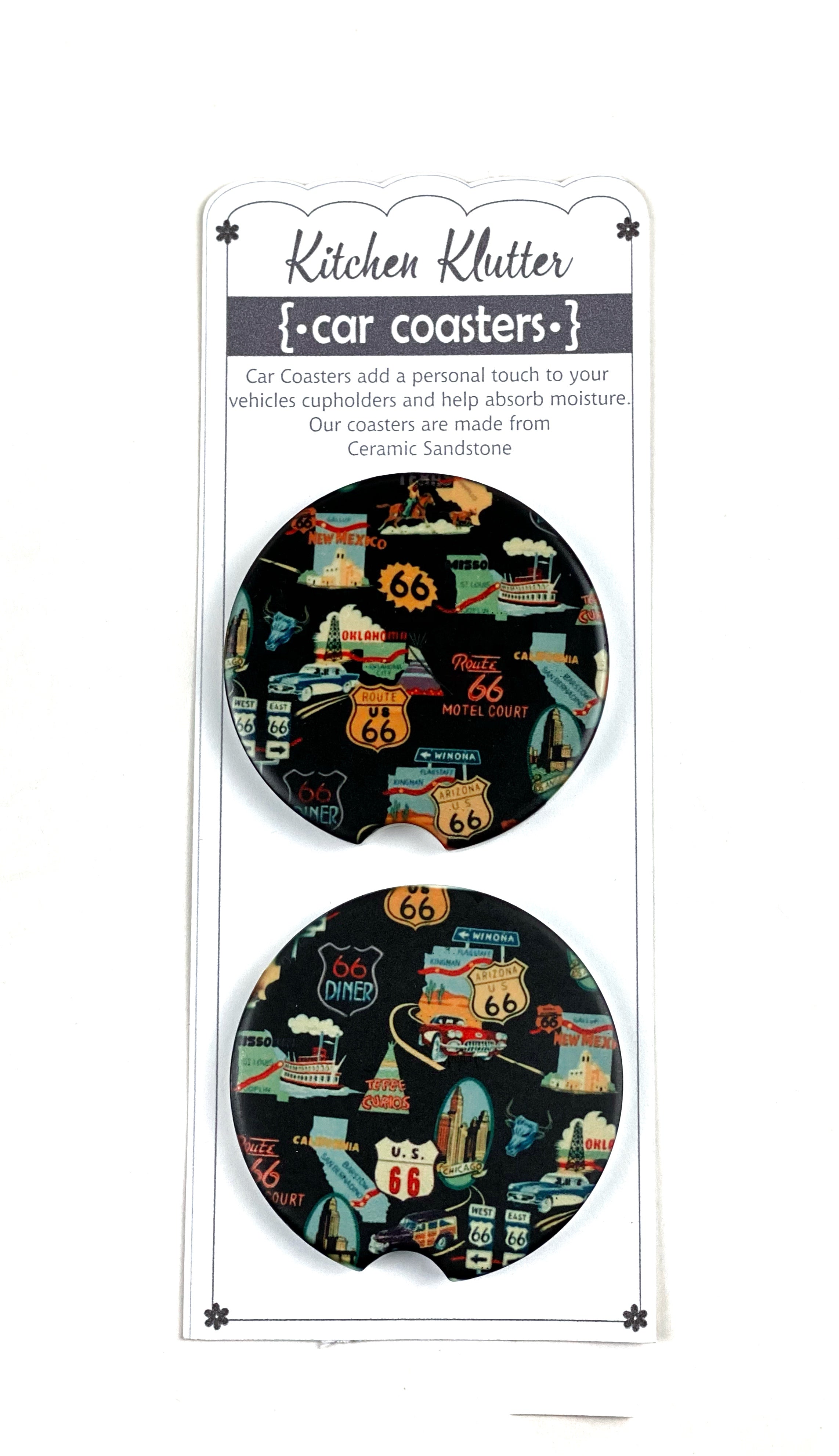 Route 66 Car Coasters Ceramic Stone Sublimation Set of 2