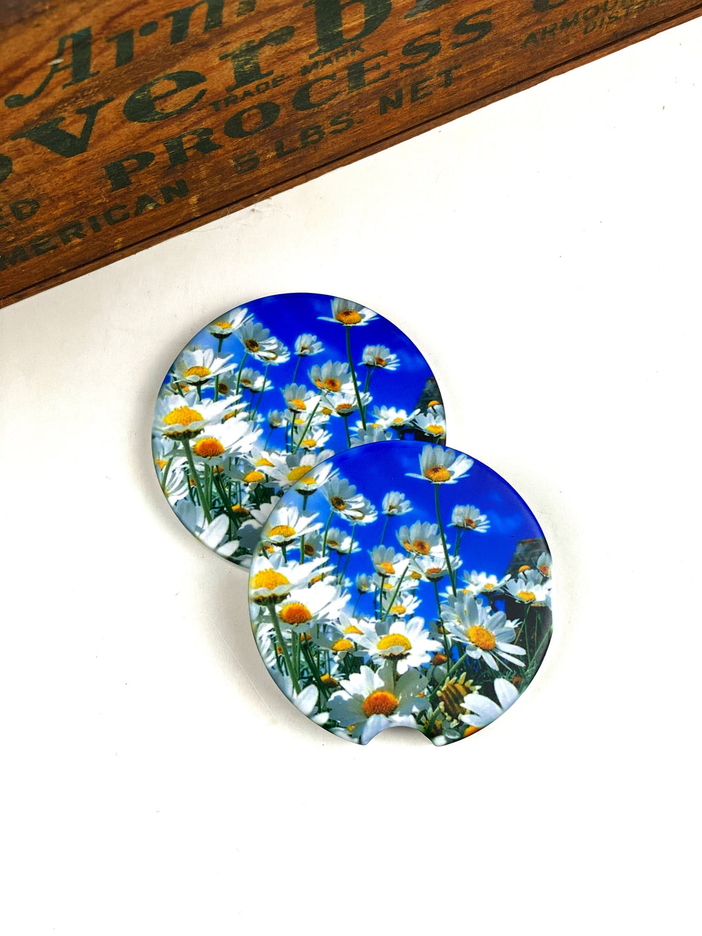 Field of Daisies Car Coasters Ceramic Stone Sublimation Set of 2 Daisy