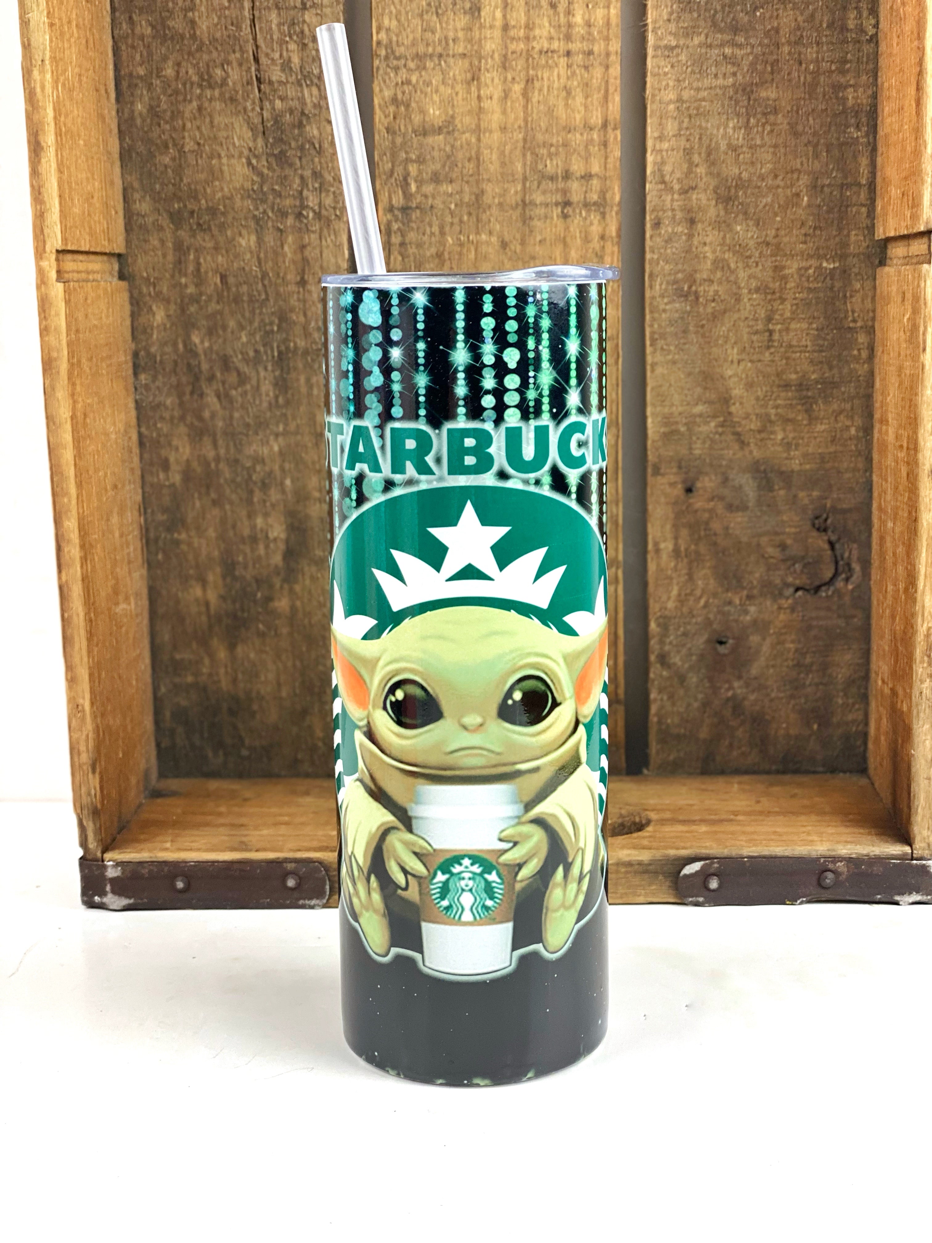 Baby Yoda Green Glitter Tumbler 20oz Cold Hot Drinks Steel Cup Lid and Straw
